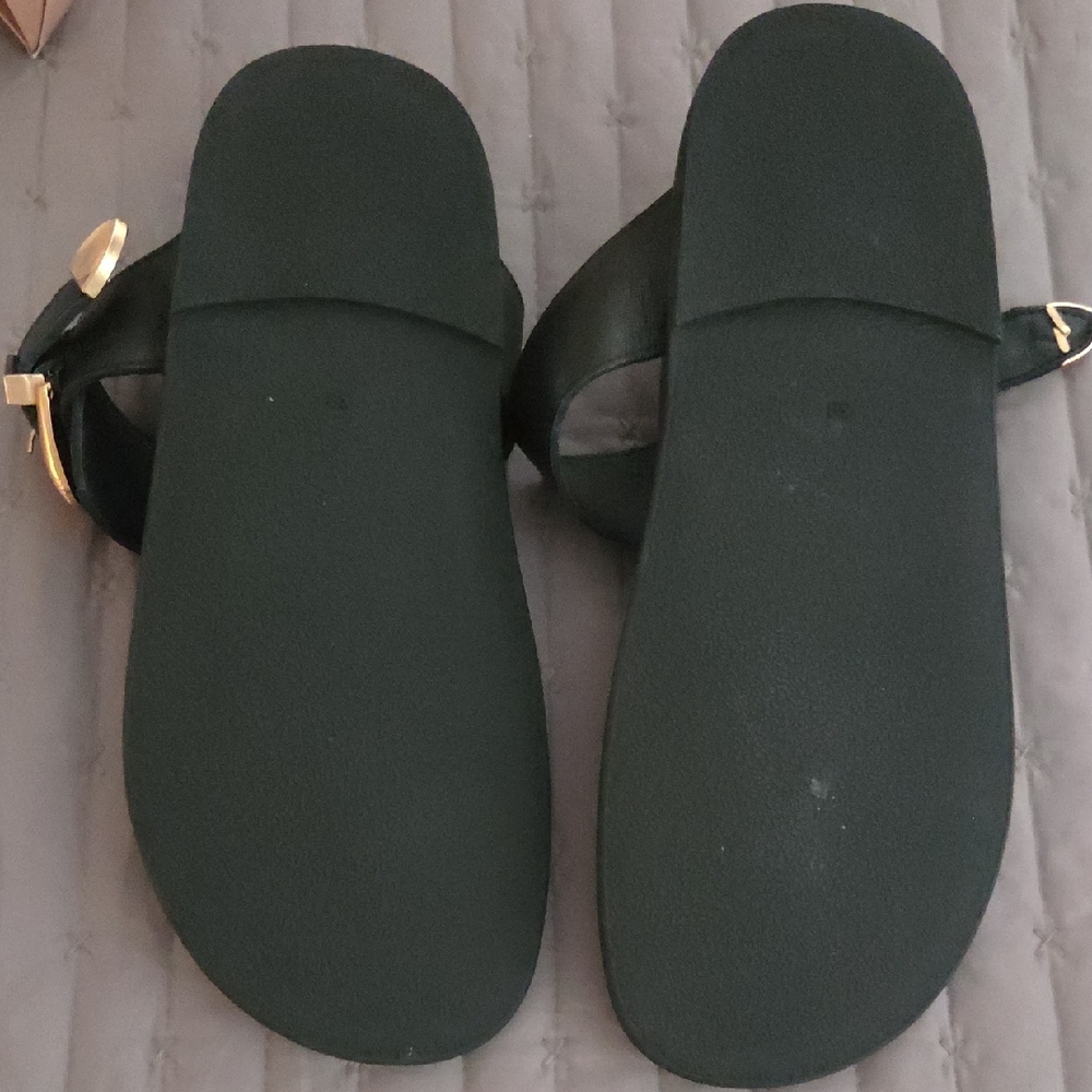 Chic Black Leather Sandals with Gold Buckle (New) - Picture 5 of 7